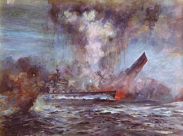 画作中爆炸沉没的胡德号战列巡洋舰
