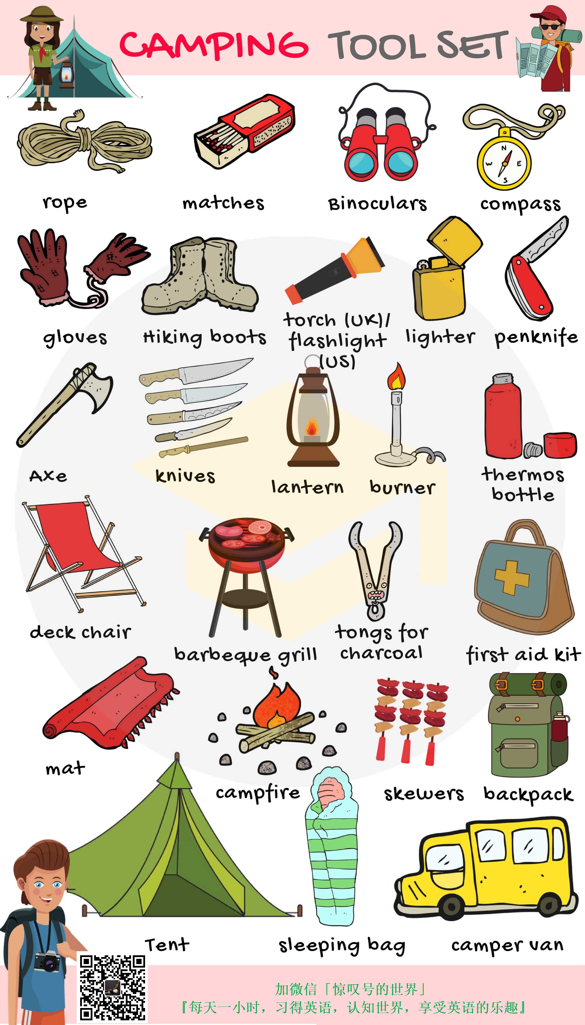 『英语/词汇』071期-野营用具词汇图(camping tool)-跟着图片学英语