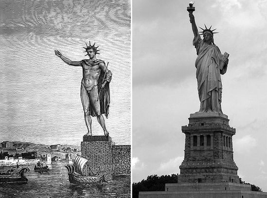 左图为1880年想象中的罗得岛太阳神铜像,右图为纽约的自由女神像