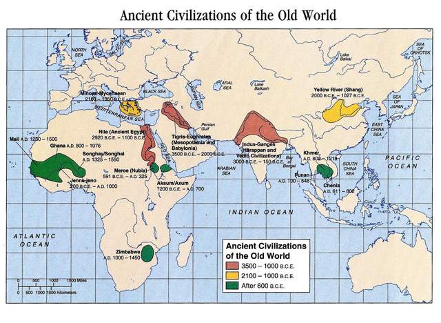 世界古代文明分布图,黄河文明是2100-1000bc的黄色区域