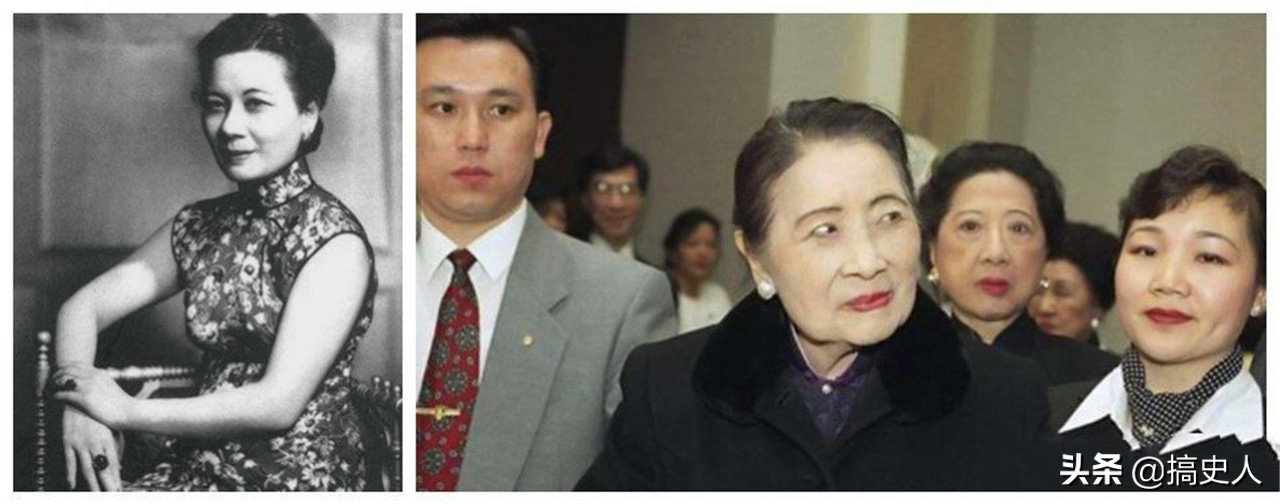 左图年轻的宋美龄还是民国第一夫人,右图老年宋美龄99岁大寿拍摄的