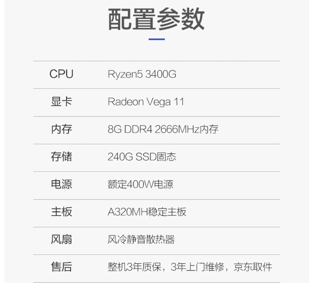 芯片:amd公司r5系列3400g(四核八线程 主板:映泰a320mh 显卡:芯片