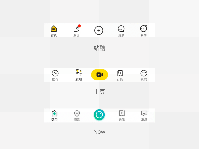 上图是爱奇艺泡泡内页,底部tabbar在切换的时候,除了当前被激活的图标