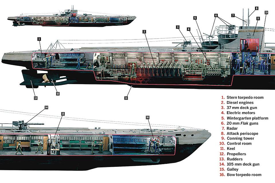 德国海军ix型潜艇的结构剖视图.
