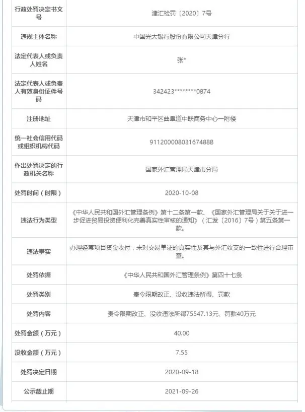 光大银行天津分行被罚没47.55万元 因办理经常项目资金收付违规