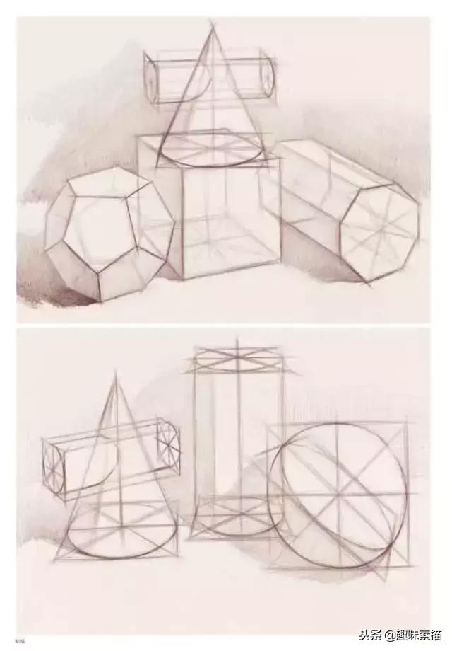 在画几何体结构素描的组合时要注意物体之间遮挡的关系,包括各物体