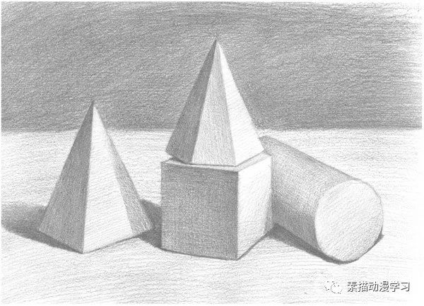 素描石膏组合:圆柱体、正方体、六棱锥、四棱锥绘画步骤