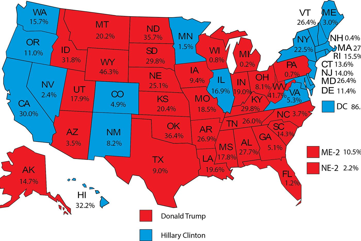 蓝州即为支持民主党的州,主要集中在美国东北部,五大湖区和西海