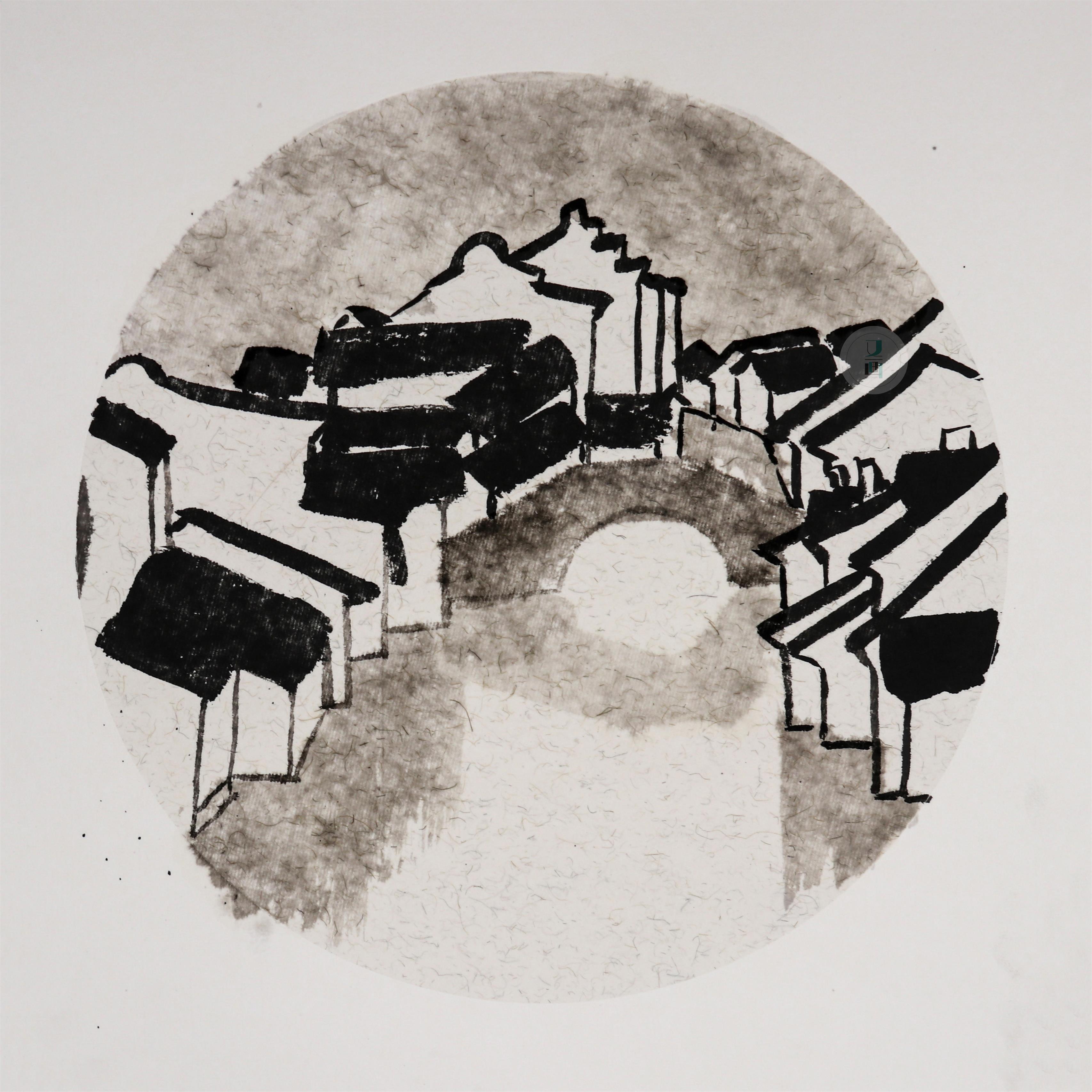 蘸取大红和藤黄,点缀在屋檐下,画出灯笼.