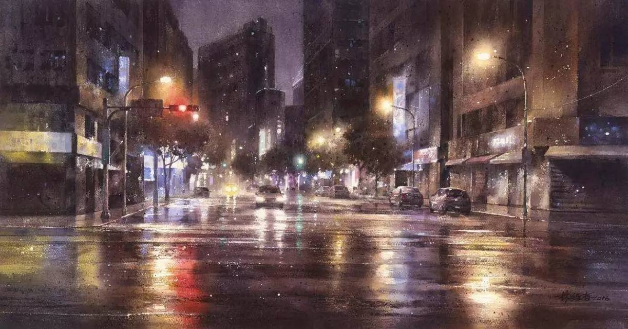 画家收藏馆朦胧的城市雨景by台湾水彩画师林经哲2020年3月18日