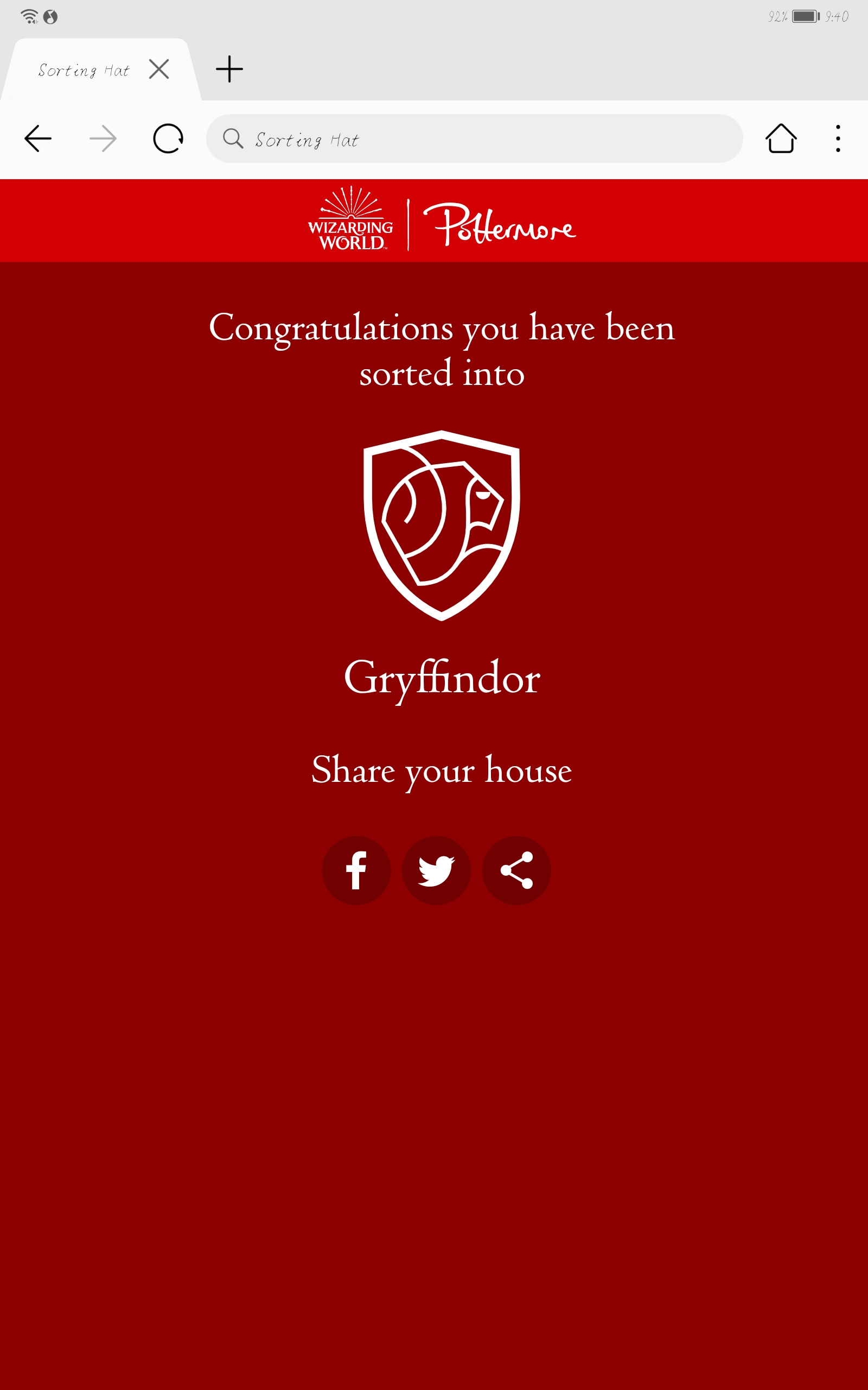 分院测试结果:gryffindor