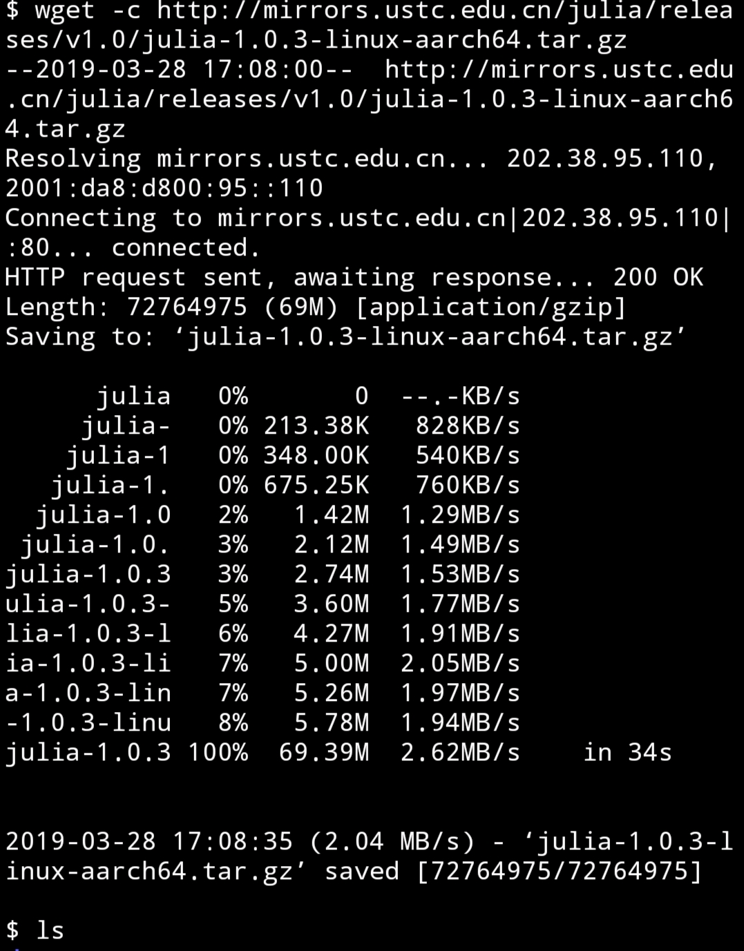 wget 命令下载 julia再通过 tar 命令来解压压缩包。$ tar -zxvf julia-