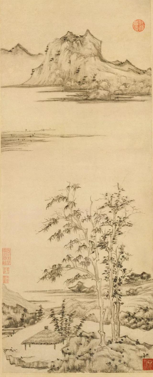 倪瓒《秋亭嘉树图》(局部),纸本水墨,134×34.