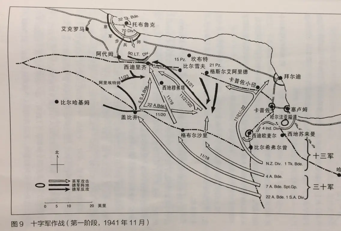 作战地图（来自《隆美尔战时文件》）11月18日，按照计划，英军发动了进攻