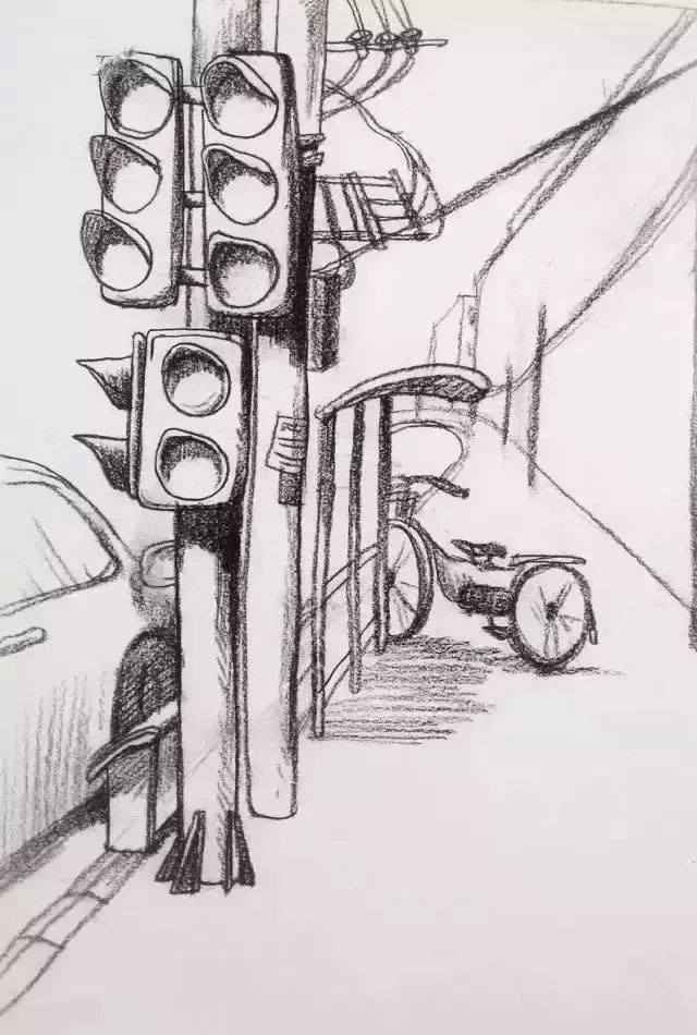 场景速写各种道具作品) 下图中的画面中的街道背景概括了画面描述的