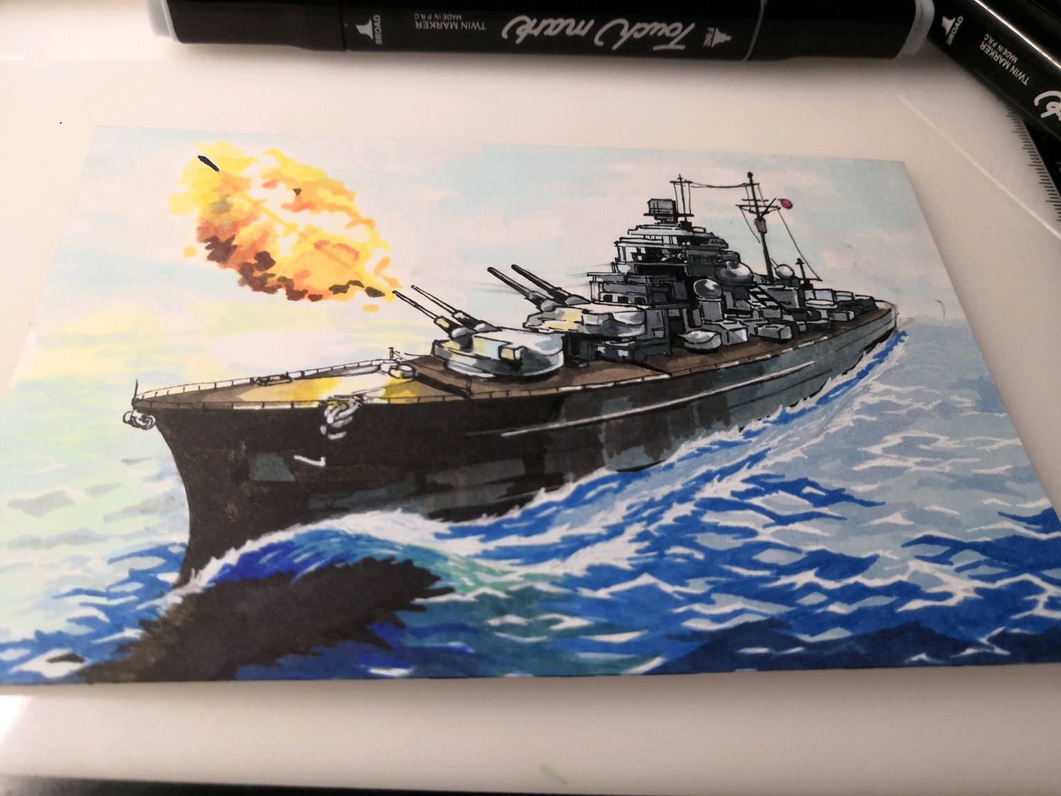【马克笔练习】如何在明信片上画一艘军舰?