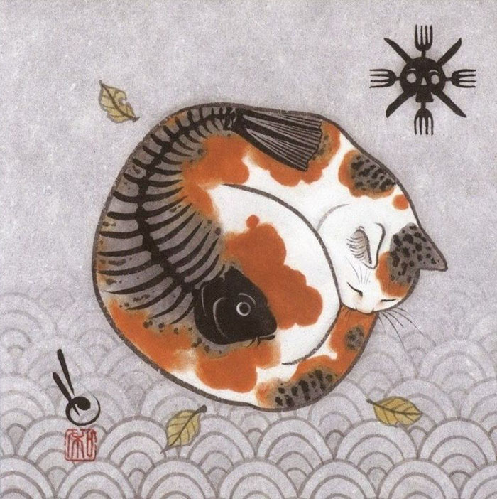 kazuakihoritomo和风猫咪文身插画