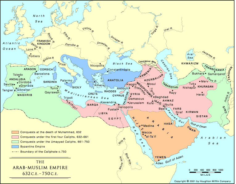 (图片来自网络,阿拉伯-伊斯兰帝国扩张后的欧亚地图,可以看到地中海