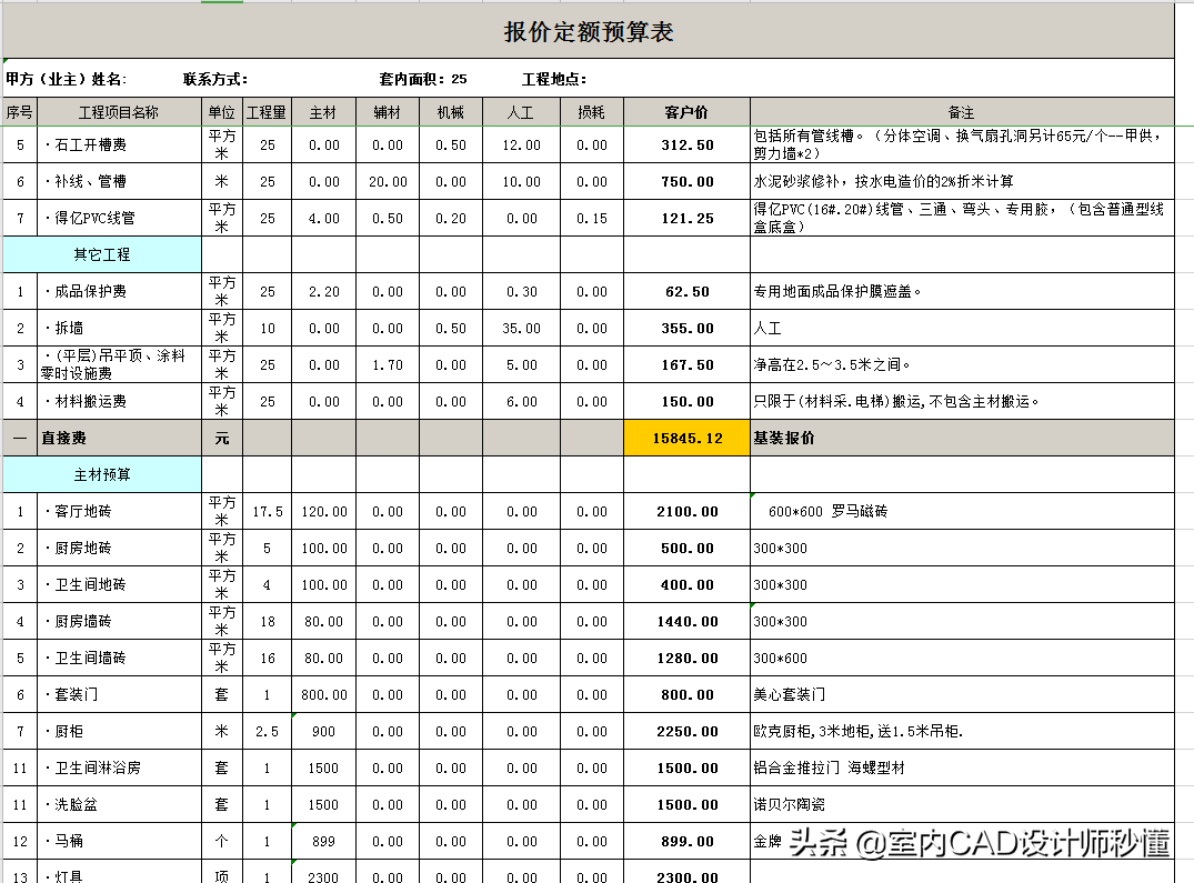 室内设计师必备资料全网最全63套家装预算模板25平米到300平米全包