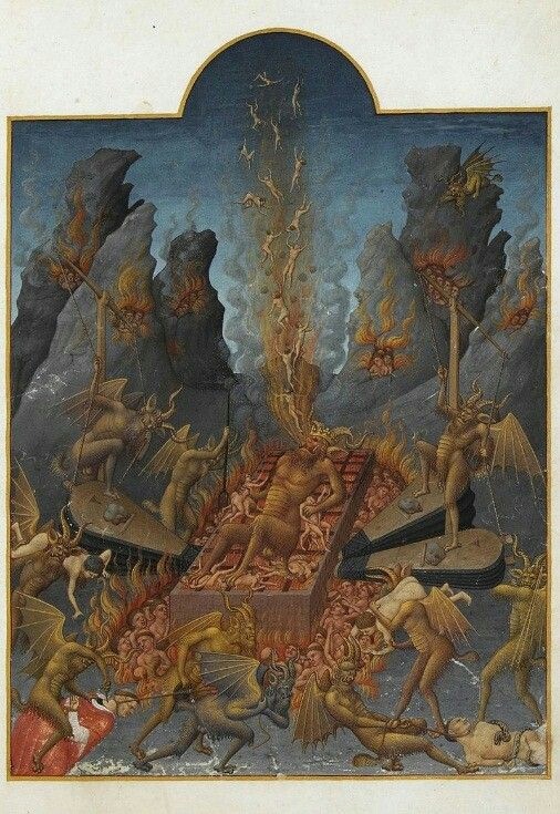 【地狱中的大魔王:路西法(撒旦)正在喷出地狱火,拷问死者的灵魂】