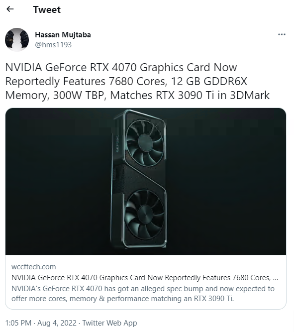 Nvidia GeForce RTX 4070显卡配置曝光3DMark跑分与RTX 3090 Ti相当 哔哩哔哩