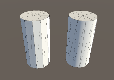 两个    面圆柱体,左侧带有平面着色,右侧带有平滑着色
