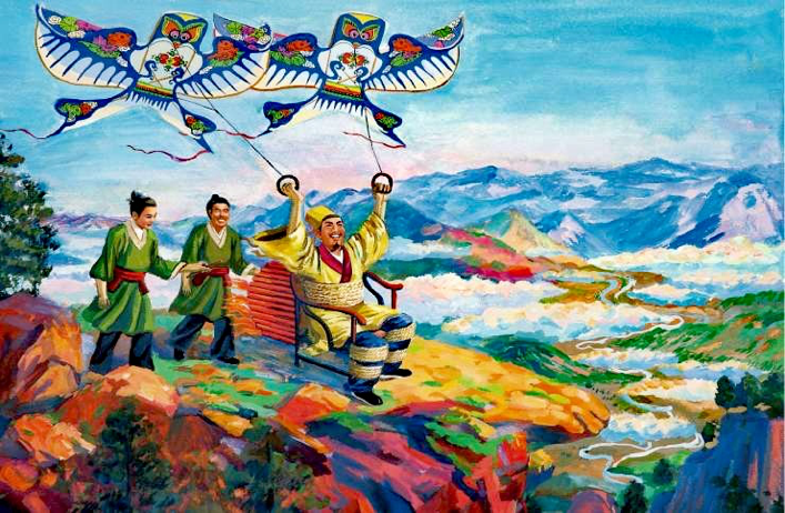 万户飞天想象图:万户坐在绑有若干火箭的椅子上,手持两个大风筝,其