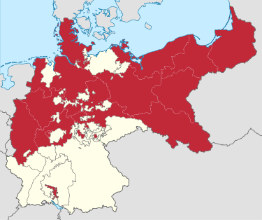普鲁士王国(深红色)领土最大范围(1876年吞并萨克森-劳恩堡后)