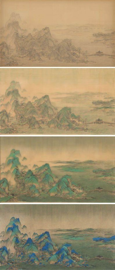 《千里江山图》一张画需要五次叠加色彩,算上底稿一共画六遍,才能达到