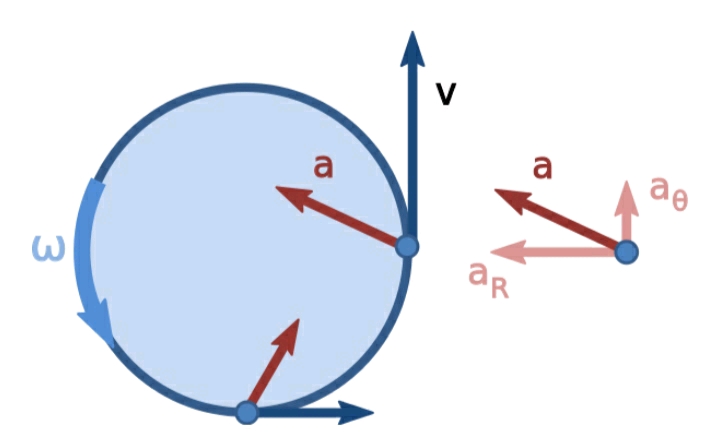 (来自维基百科|变速圆周运动的加速度可以分解为ar指向圆心和aθ指向