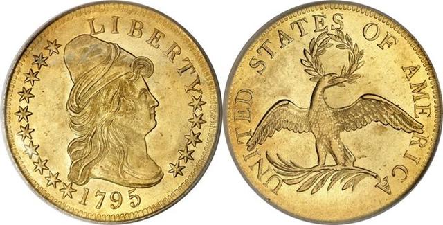 1795年铸造的标准eagle金币,正面是为女性侧身像,象征自由女神,背面是