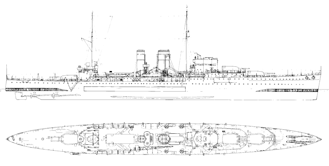 埃克塞特号线图,注意其直烟囱设计由于a型巡洋舰的方案迟迟没有定下来