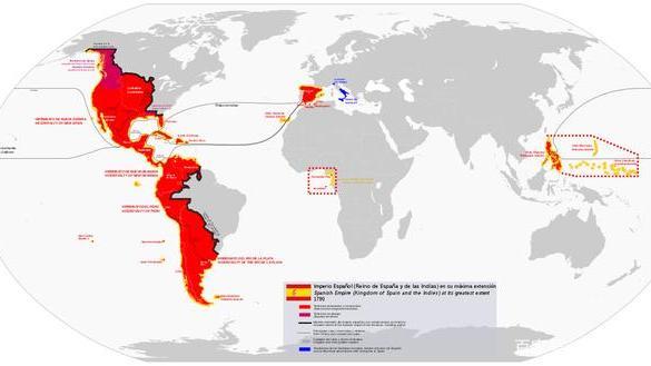 西班牙殖民帝国(红色区域为西班牙控制范围,黄色为葡萄牙控制范围)