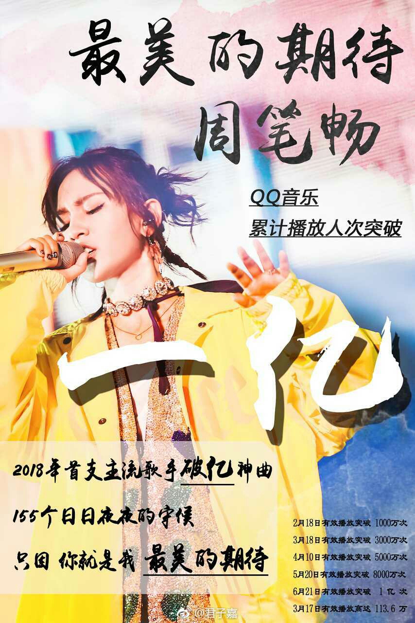 2018华语首支播放人次播放量全破亿单曲来自周笔畅《最美的期待》