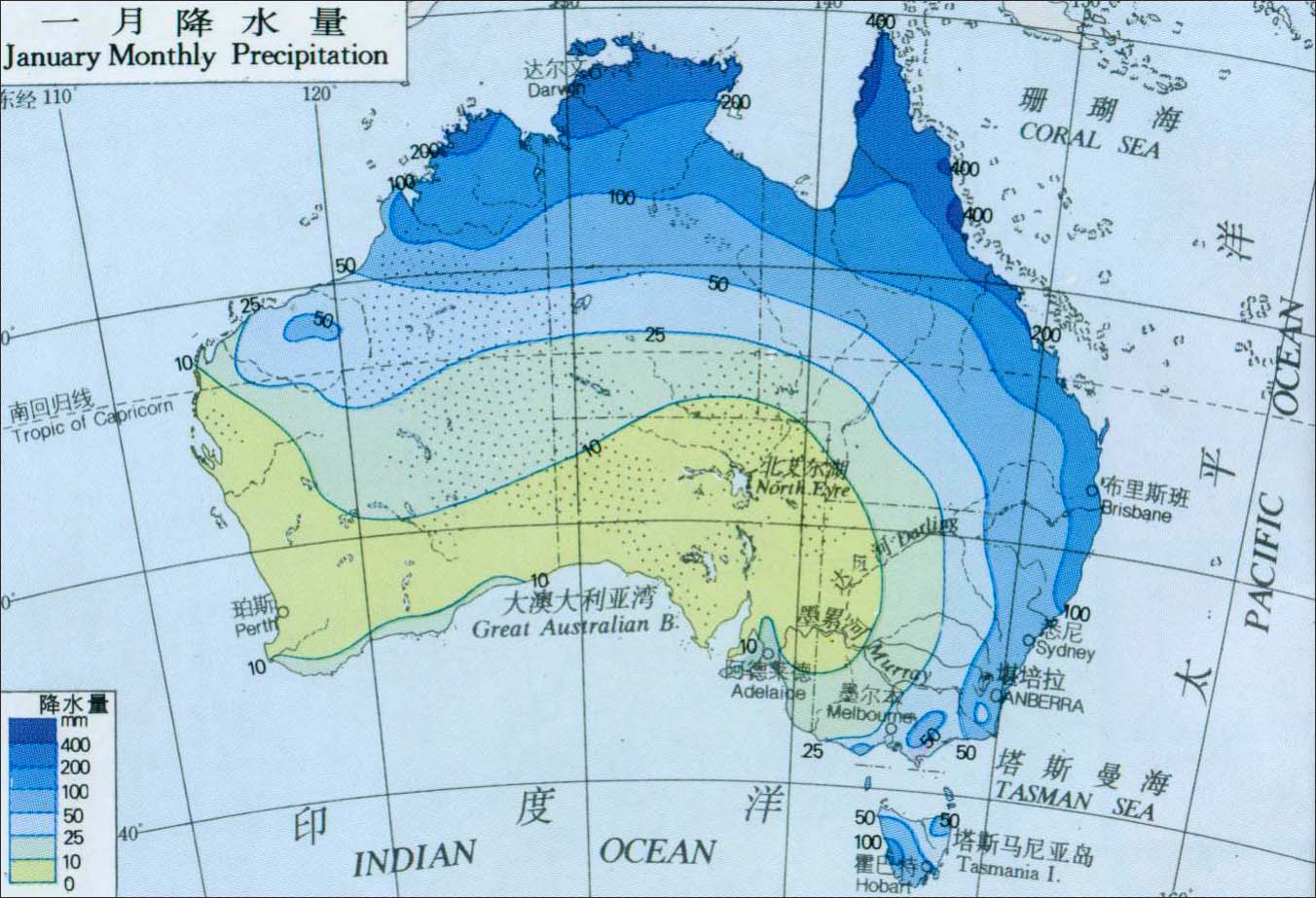澳大利亚一月,七月及降水量分布图