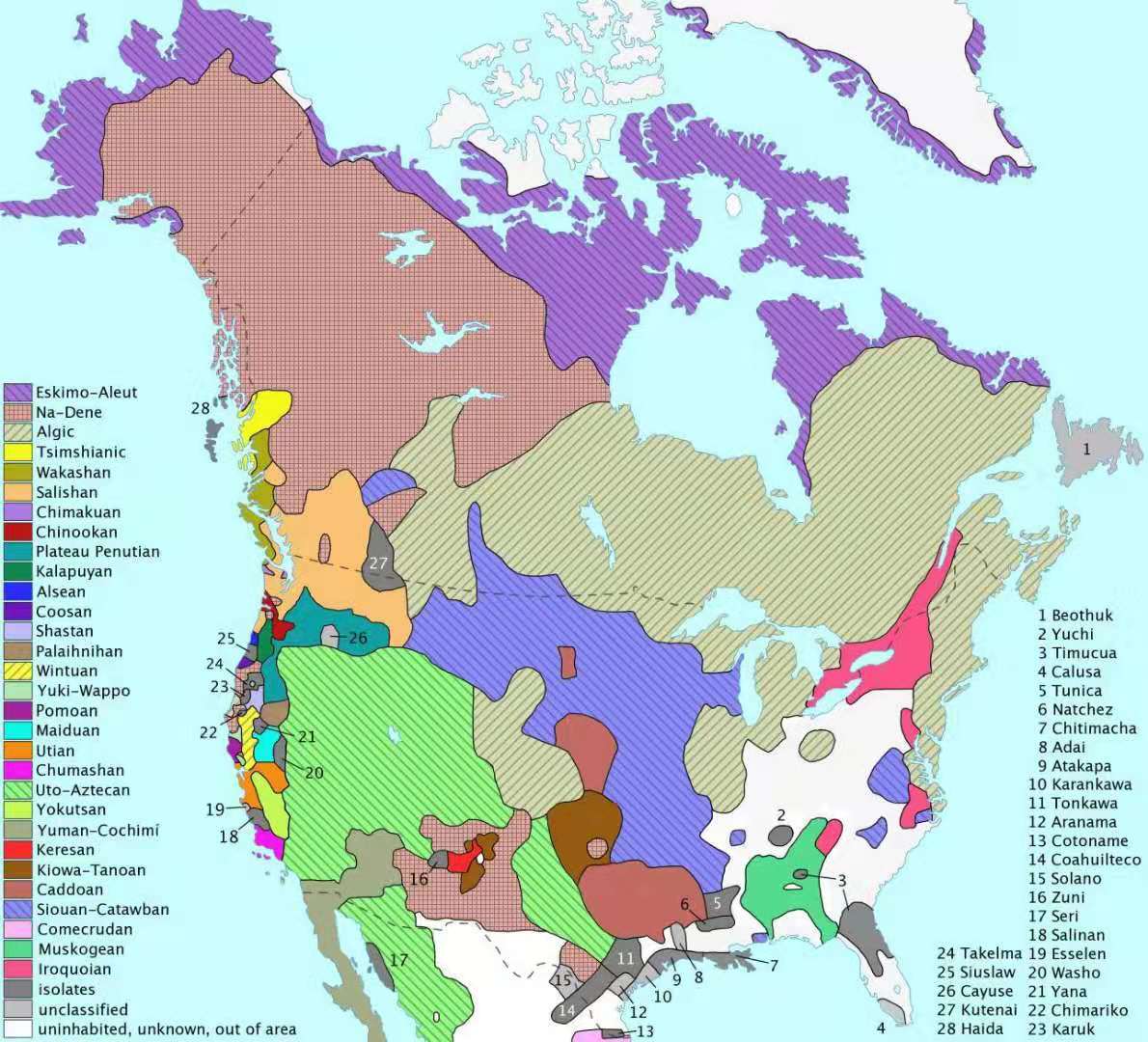 (欧洲人登陆早期北美印第安人分布图)