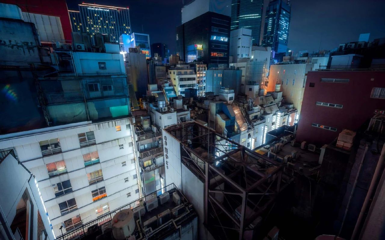 场景素材|俯视下的日本城市夜景欣赏 漫画背景图