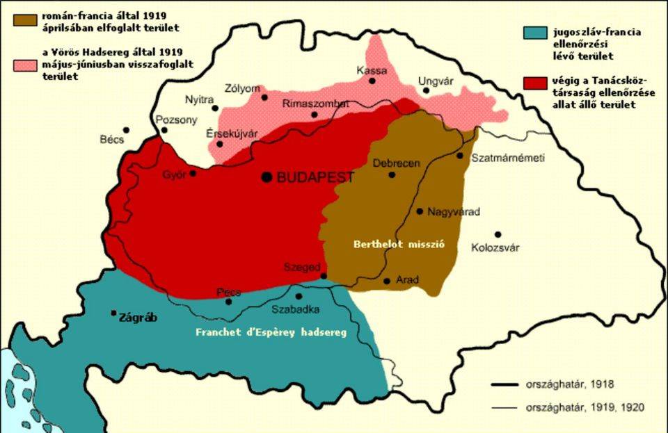 浅红色区域为斯洛伐克苏维埃共和国的疆域