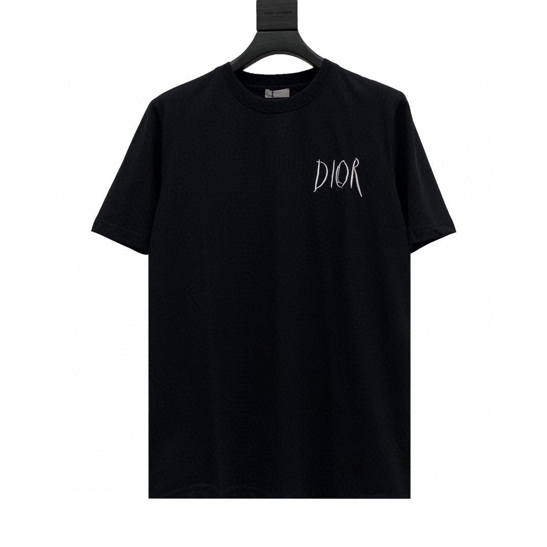 dior20ss艺术家签名字母刺绣logo短袖t恤实拍评测