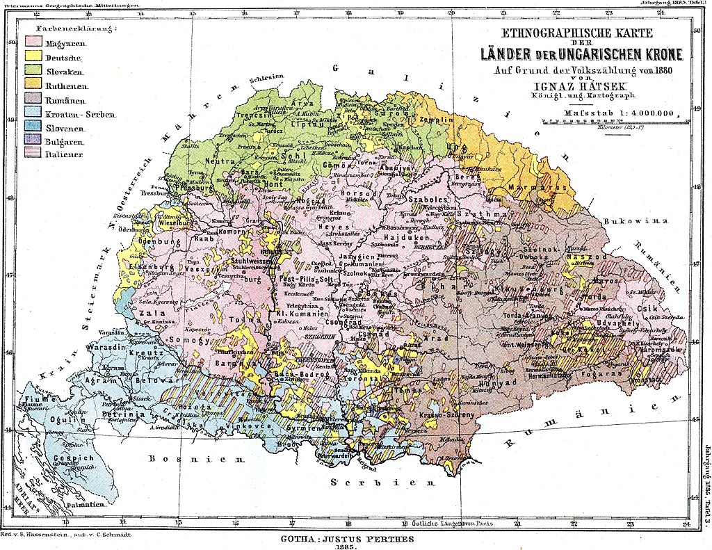 1885年奥匈帝国民族分布图,右上角橙色部分即为鲁塞尼亚人.