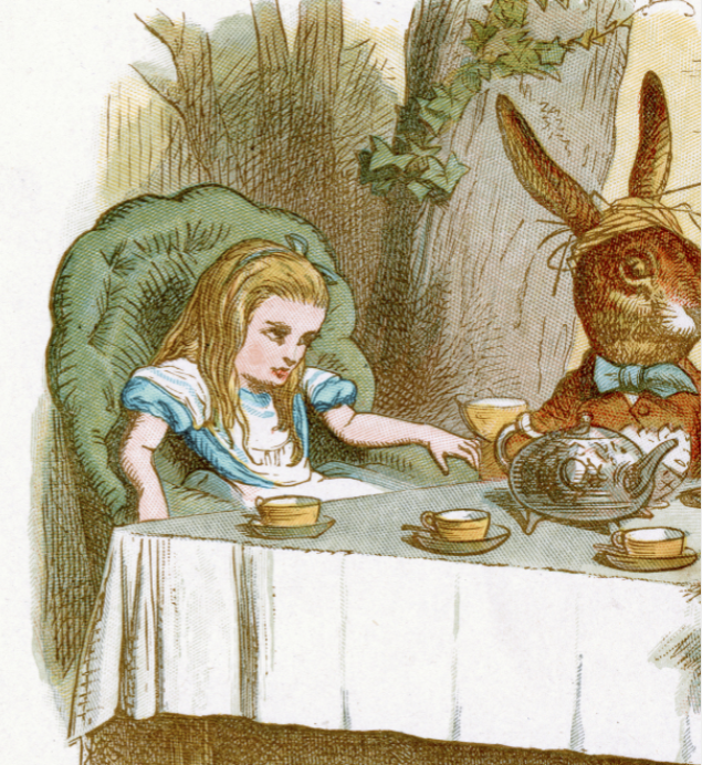 故事刚开始,爱丽丝和她姐姐正无聊地在河边坐着,突然来了一只兔子