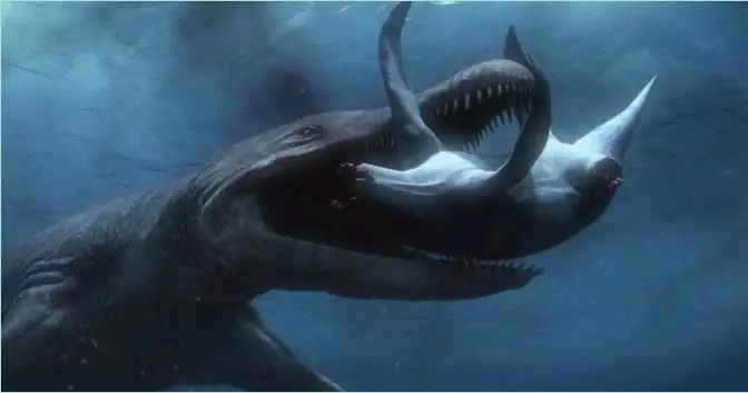 大海怪在侏罗纪海洋汹涌的波涛下，扁蛟静静地趴在水底，用沙子伪装自己