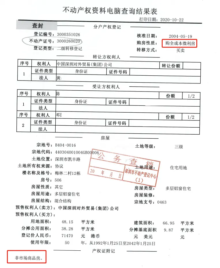 为非市场商品房，背后解答出的关键信息是这套房无法正常交易（过户）。而第二次再开拍，后面加了一句解释：现可取得房屋全部产权（转红本）。