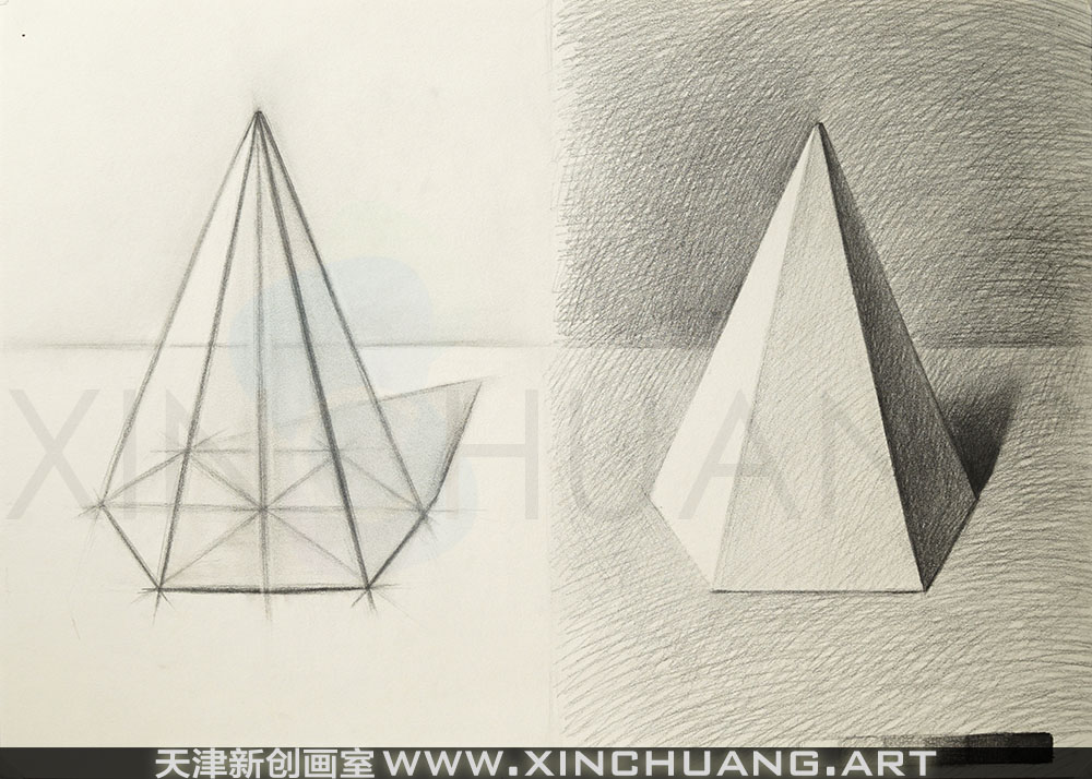 素描第三课六棱锥正面图解(课堂示范)-天津高考美术 课程难点:透视