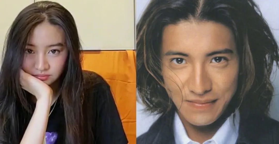 光希露出额头,学着爸爸的眼神,像极了当年帅死人不偿命的木村拓哉.