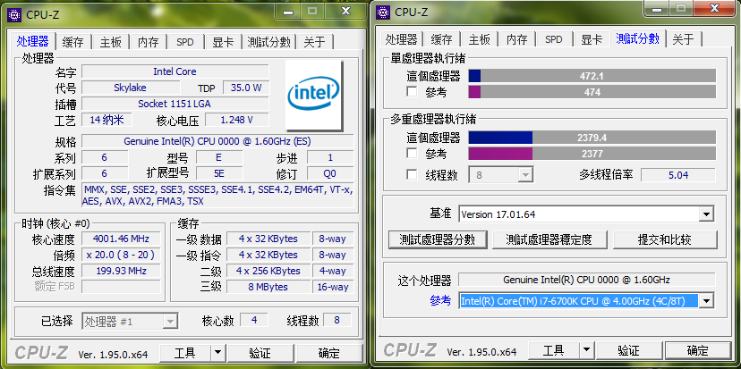 qhqj 超频至4g时,cpu-z的测试结果,和6700k默频是一样的