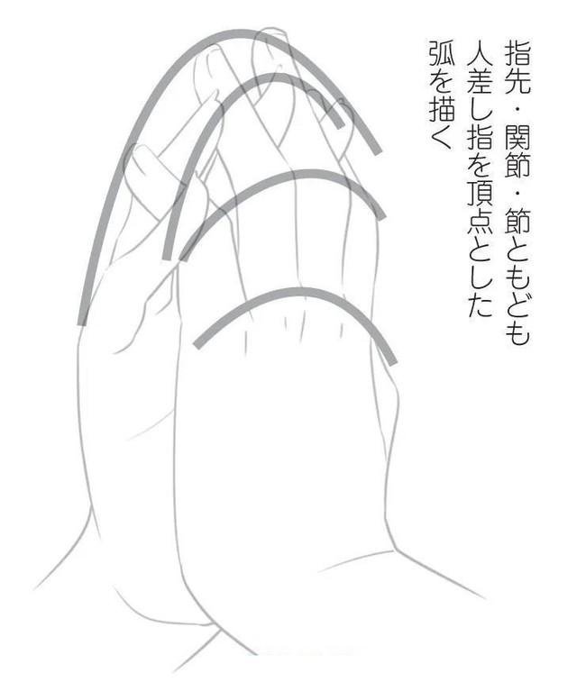 双手交叉,中间留空,可以弧线来理解,在指尖和关节处画出弧线,增强空间