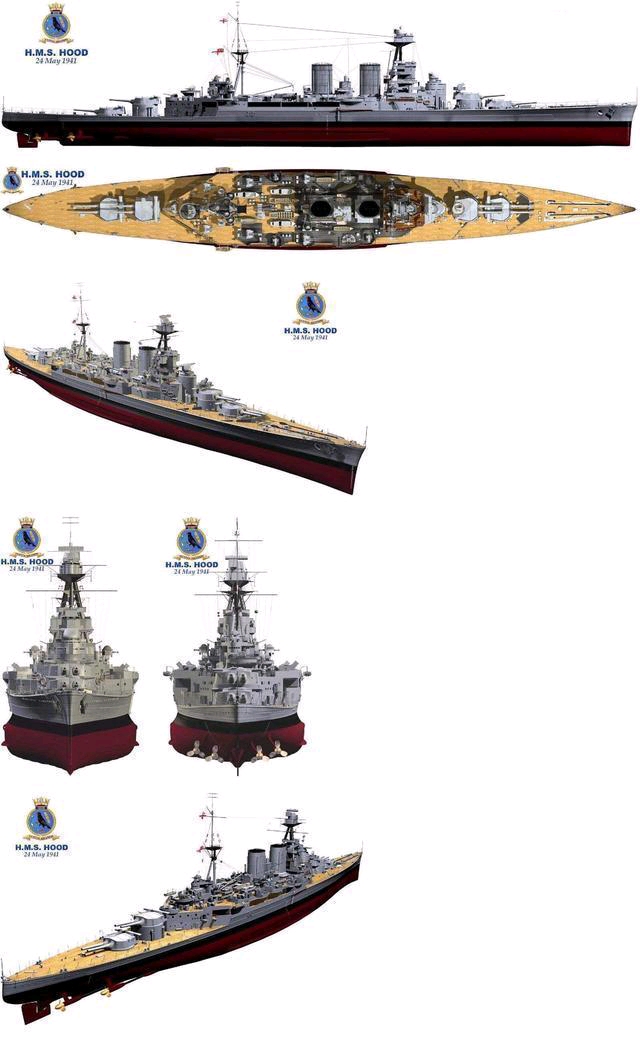 胡德号战列巡洋舰,可以清晰的看到舰体两侧的防鱼雷凸出部