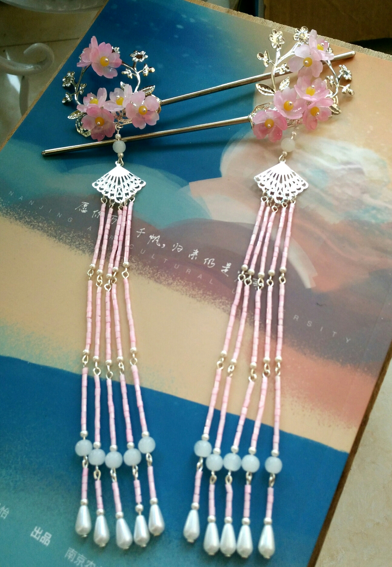 热缩樱花发簪步摇一对粉色
