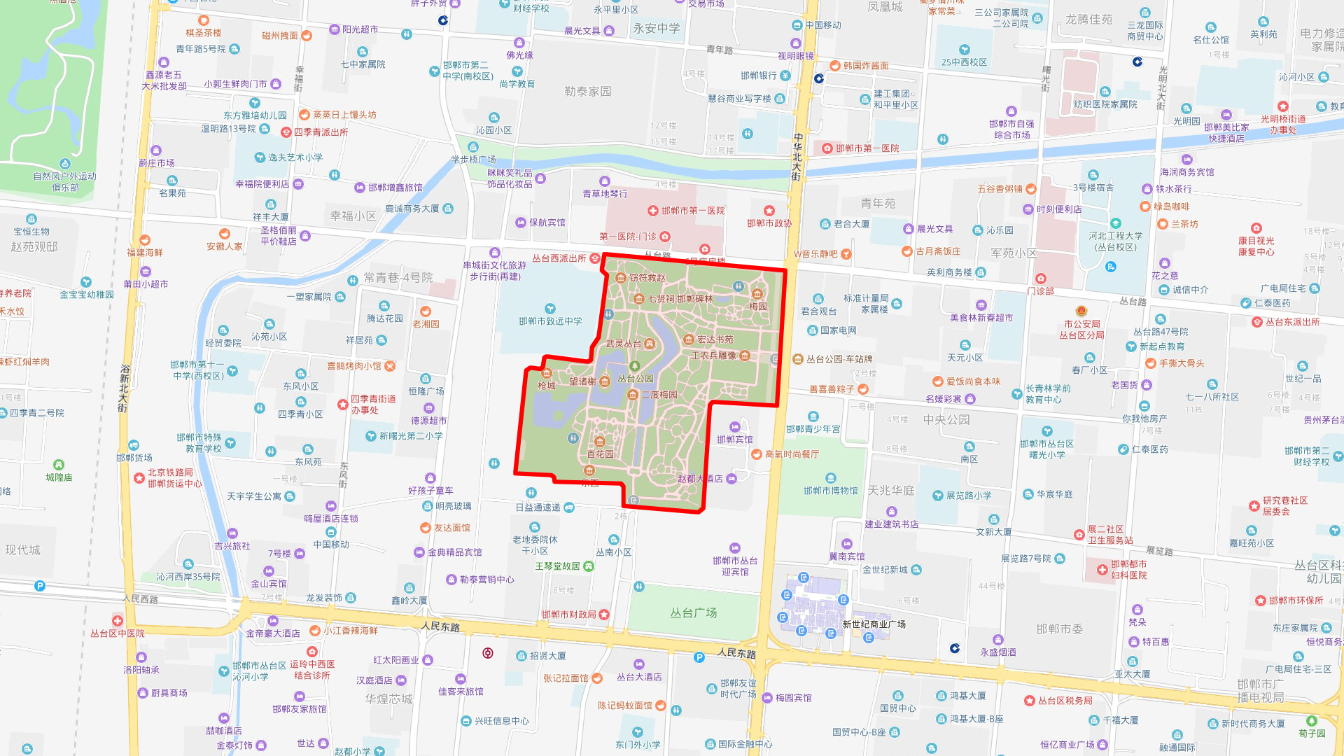 丛台公园的地理位置十分优越,位于邯郸市中心,周围商业区很多,所以来图片